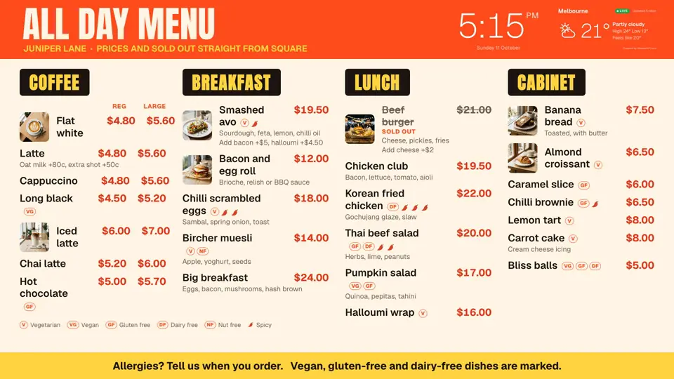 A cafe menu board made with Dislab, with dishes, prices, photos, the time and the weather